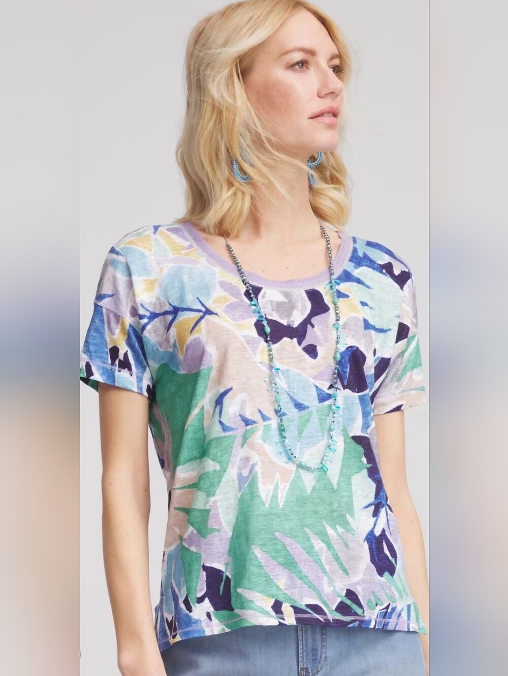 Chico's Short-Sleeve Crewneck Crocheted Top Multi Blue-Green